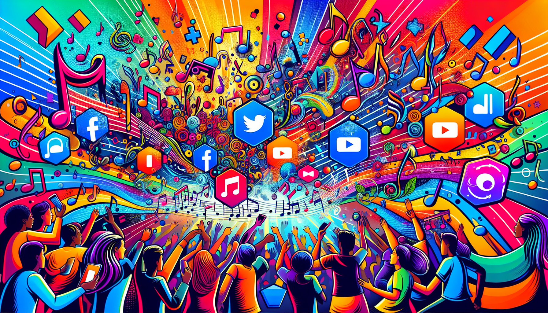 An illustration depicting various aspects of music promotion.